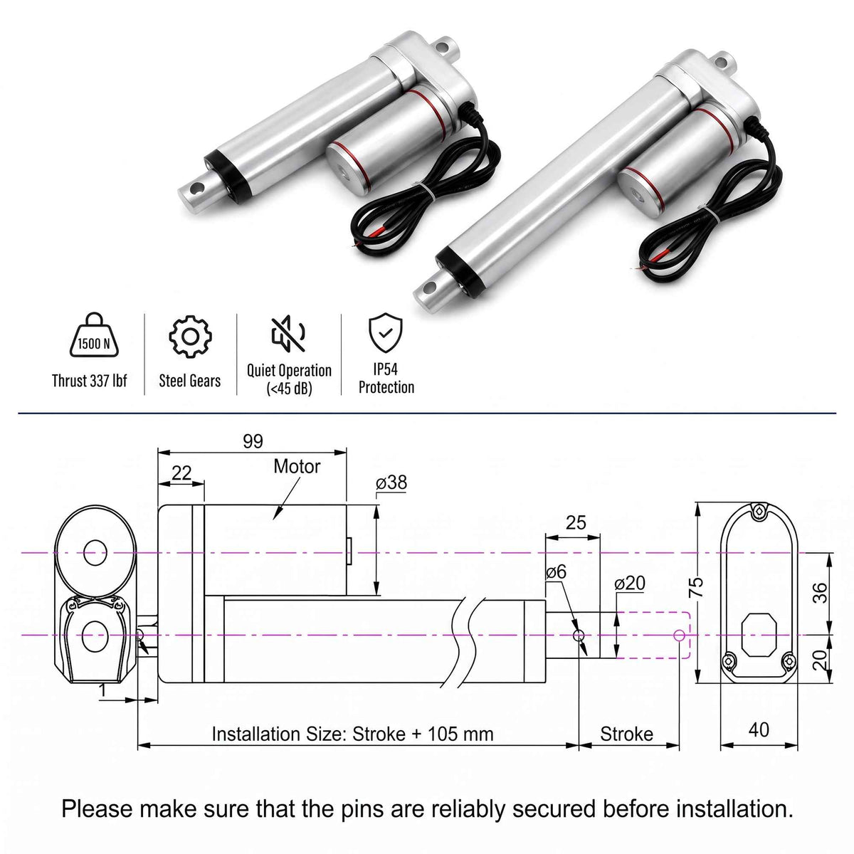 HyHaven HH-LA-U2 1500N / 337 lbs Linear Actuator | 12V/24V DC | IP54