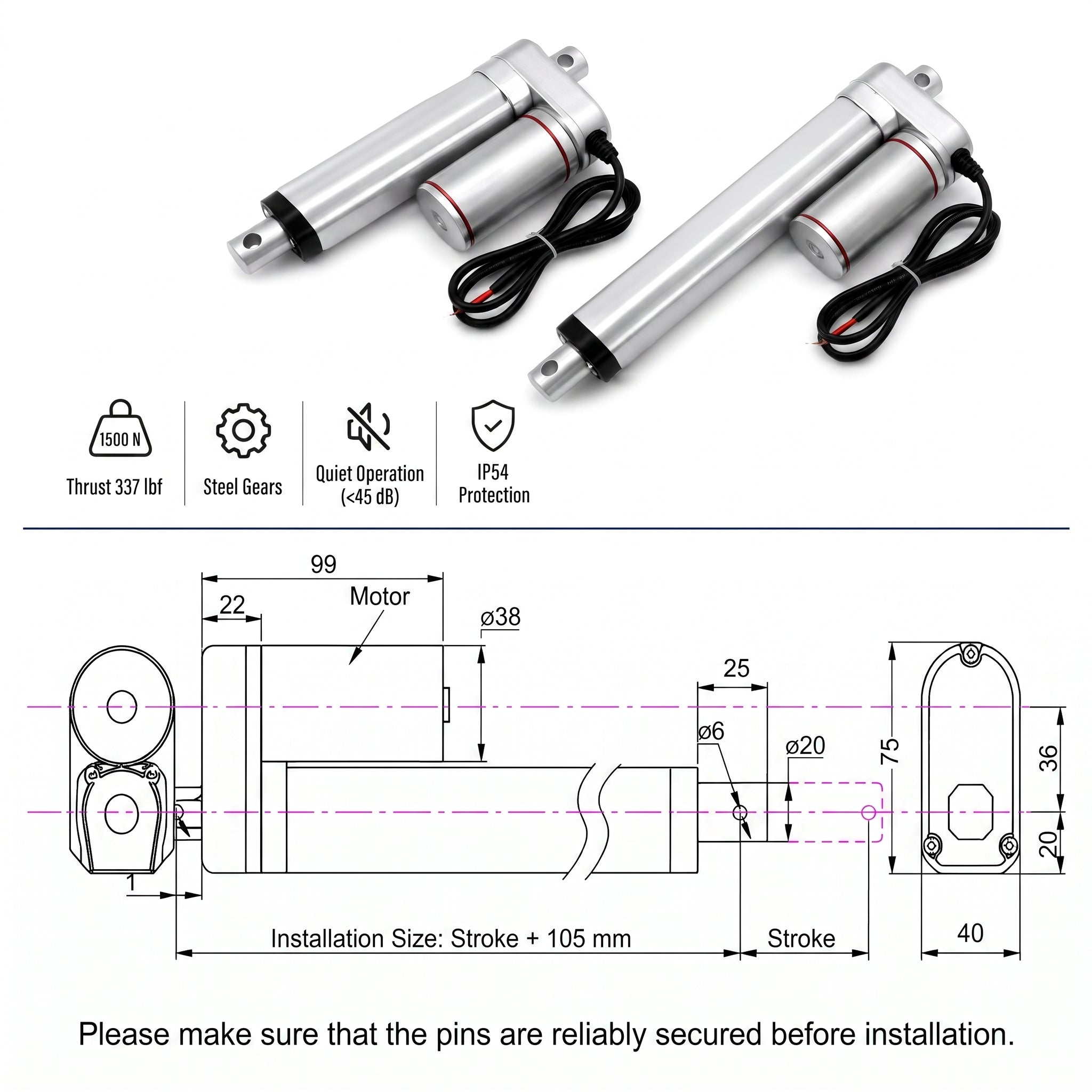 HyHaven 12V/24V Electric Linear Actuator 337 lbs - 6mm/s IP54 Waterproof for Solar Tracker, RV & Chicken Coop Door
